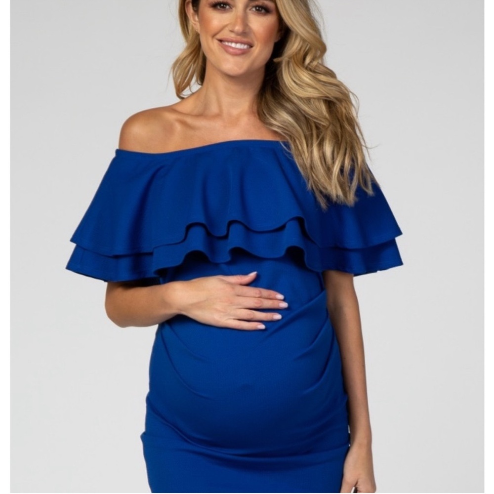 Elegant Maternity Shoot Blue Off-Shoulder Dress